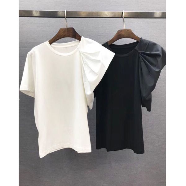 

spring new solid slim loose o neck ruffles patchwork short-sleeved casual woman tshirts 210421, White