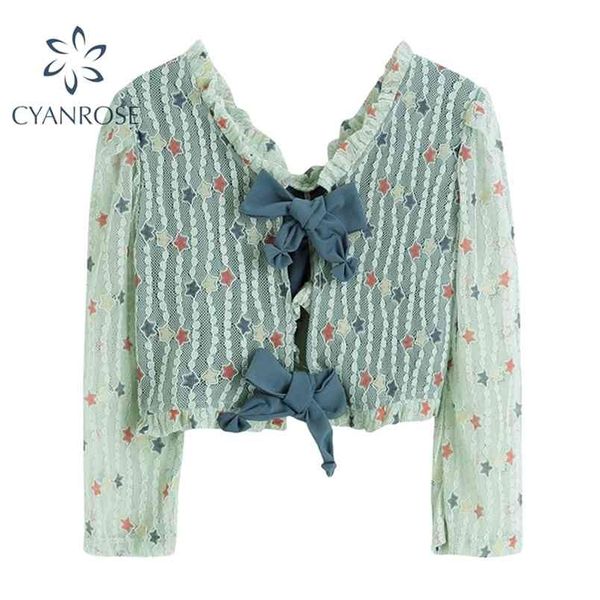 

preppy style crop v neck blouses women single breasted bownot design shirt chic striped long sleeve mori girl japanese sweet 210515, White