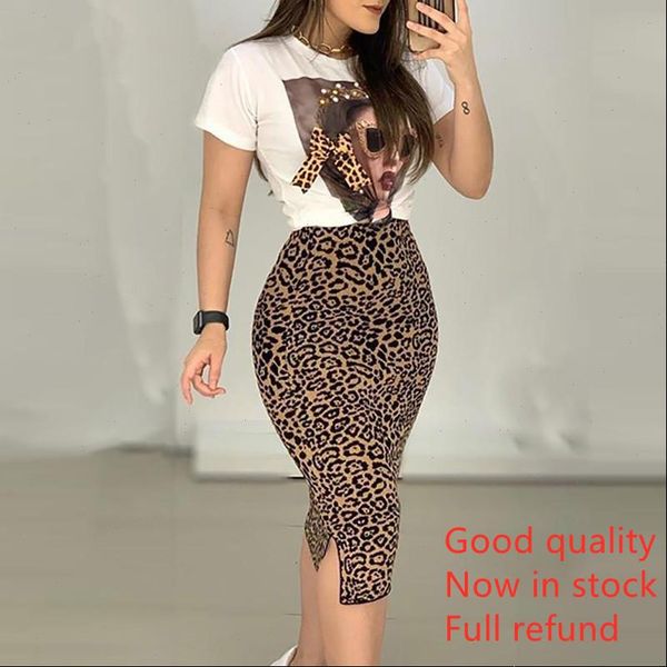 

slit skirt set print womens dresses short sleeve amp leopard style clothing length pant cm closure type, White