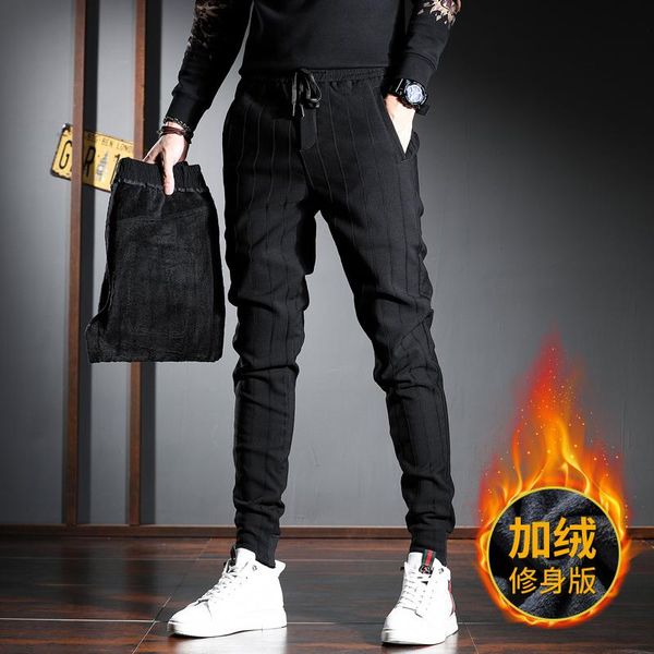 

black fleece men casual pants winter fashion stripe warm slim fit trousers men's