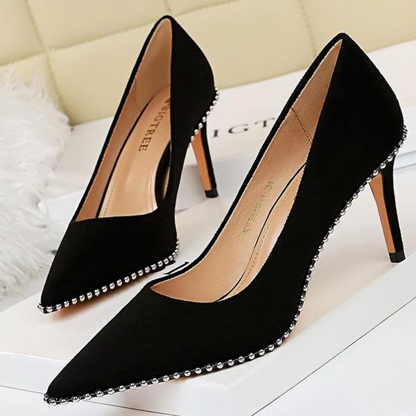 

dress shoes 2021 elegant women 8cm high heels pumps nightclub khaki black valentine scarpins office lady rivets plus size