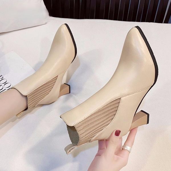 

black stretch knitting women sock boots beige pointed toe ankle for slip on short