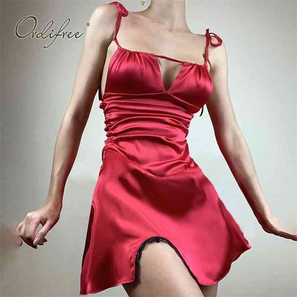 

summer women party dress spaghetti strap lace up backless short satin slip 210513, Black;gray