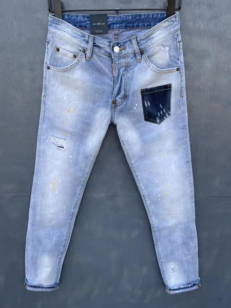 

men's jeans 2021 skinny pocket ripped holes and elastic paint spray blue stitching beggar pants