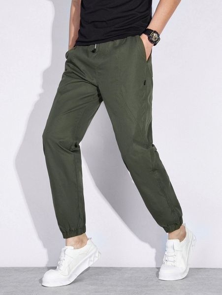 

men patched detail drawstring pants 895u#, Black
