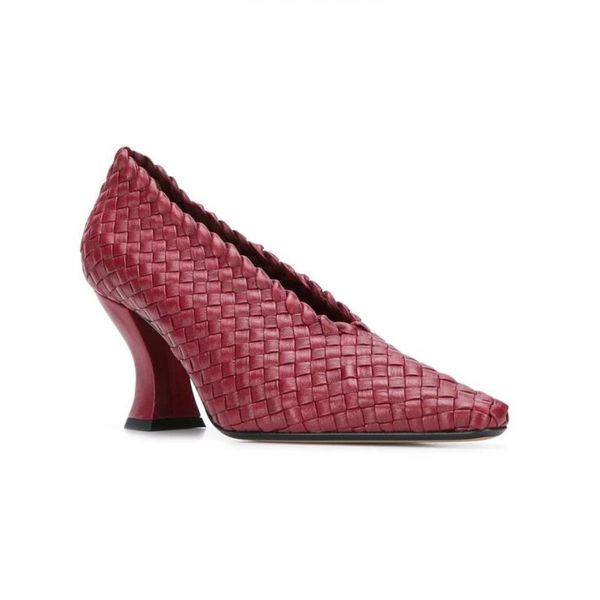 

2021 women ladies sheepskin genuine real leather dress shoes kitten heels sandals summer square toe weave knit plait wedding slip-on 3 colou, Black