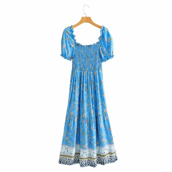 

skirts women square neck short sleeve open back blue printed vintage slim puff sleeves middle length chic female dress mujer, Black