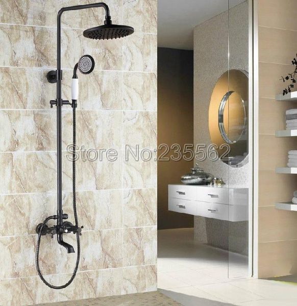 

black oil rubbed brass dual cross handle bathroom rain shower faucet set bathtub mixer tap with ceramic hand spray lrs382 sets