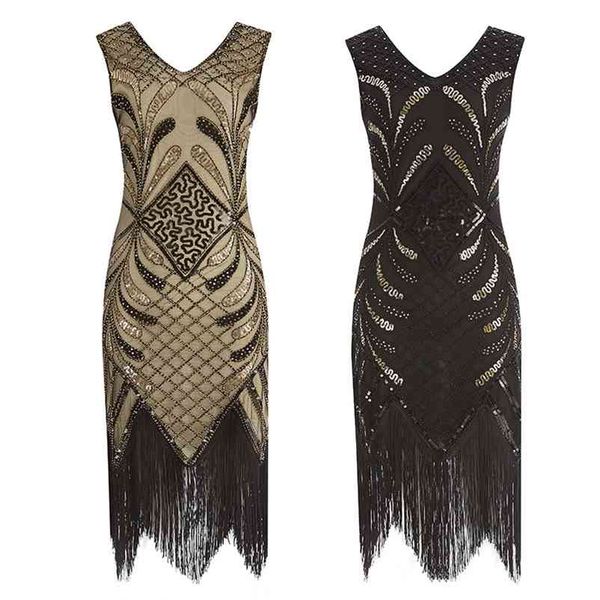 

women party dress robe femme 1920s great gatsby flapper sequin fringe midi dress vestido summer art deco retro lady dress 210331, Black;gray