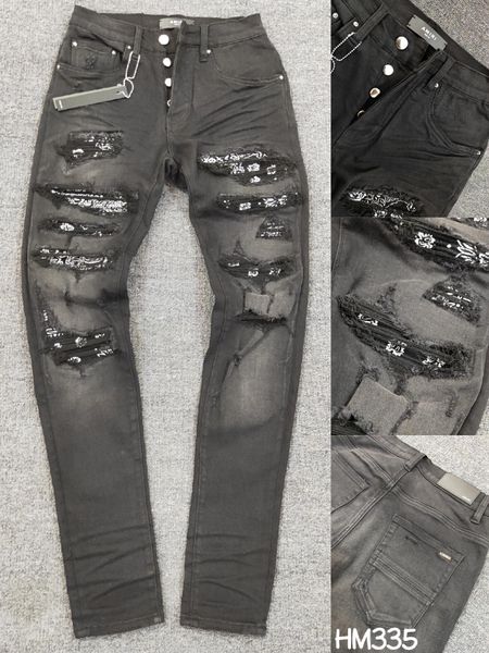 

falection mens 21ss amimike jeans distressed leather bandanna patch ripped denim jeans, Blue