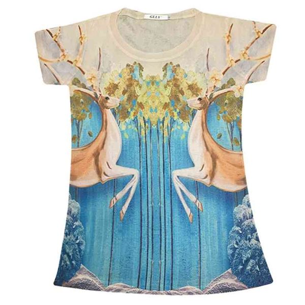 

europe style summer fashion women's o neck short sleeves deer print t-shirt tee female pullover casual tees 210428, White