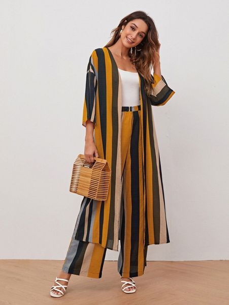 

striped drop shoulder coat & pants set d3w4#, White
