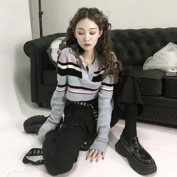 

women's sweaters women turn down and notch neck striped knit jumper pullover top, White;black