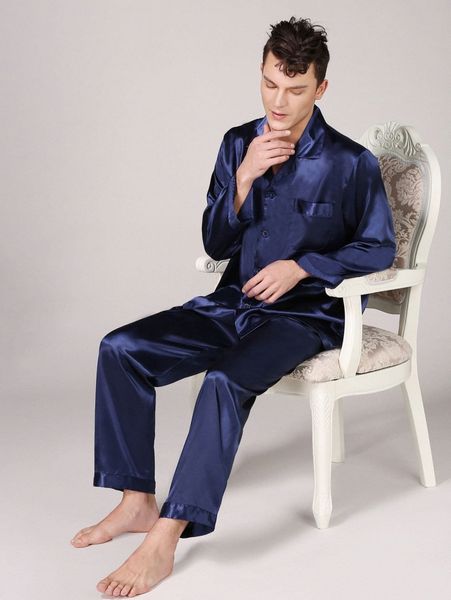 

men lapel collar button front satin pj set s5j2#, Black;brown