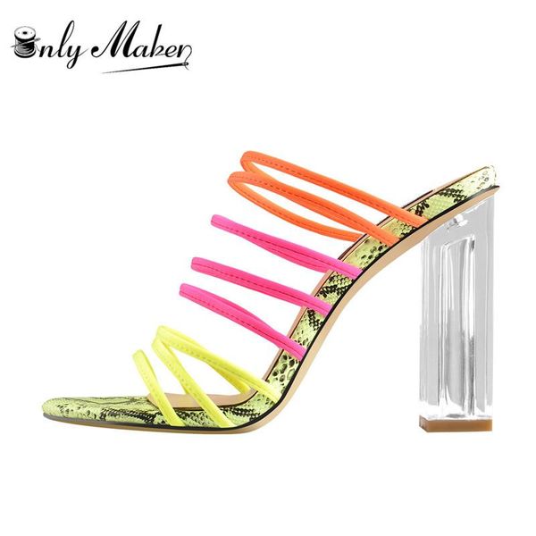 

onlymaker women's fashion fluorescent elastic multicolored snakeskin slip-on sandals clear square heel shoes for summer, Black