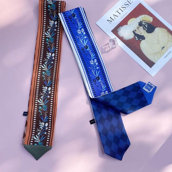 

scarves 6*156cm 2021 silk scarf long strip small female mulberry double-layer ribbon bag, Blue;gray