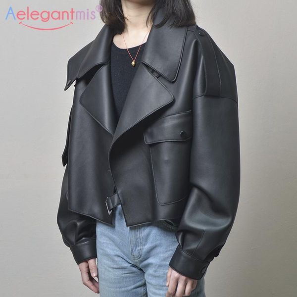 

women's leather & faux aelegantmis black short loose pu jacket autumn winter soft street casual outwear ladies biker
