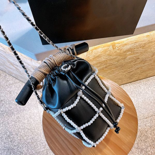

24c womens luxurys desingers calfskin shoulder bags pearls strass drawstring pochette crossbody classic bucket large capacity vintage clutch