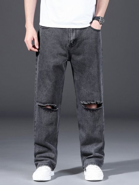 

men cut out raw trim straight leg jeans r1ni#, Blue