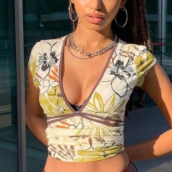 

women's t-shirt y2k crop t shirt women v neck slim cute tee aesthetic woman floral print contrast patchwork e girl summer clubwear, White