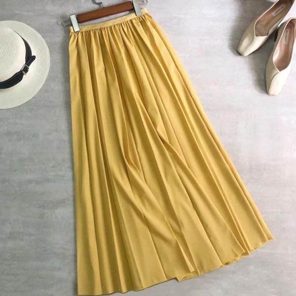 

skirts korean fashion pleated long for women 2021 spring summer yellow elastic waist female casual boho maxi skirt bottoms, Black