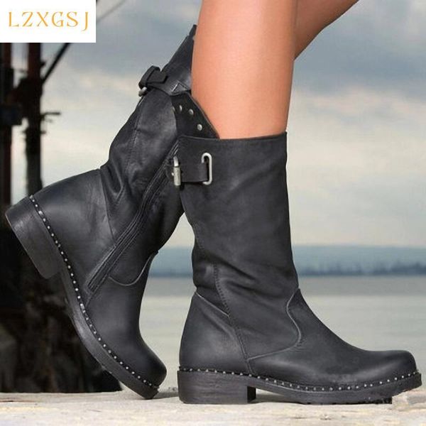 

boots spring autumn women shoes british thick sole chunky heel mid-calf ladies fashion zupper, Black