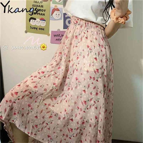 

vintage floral print a-line pleated long skirts summer pink women chiffon korean streetwear elastic waist midi 210421, Black