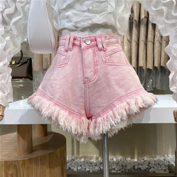 

summer high waist pink tassel women jeans denim shorts wide leg wild streetwear baggy pantalones vaqueros mujer retro, Blue