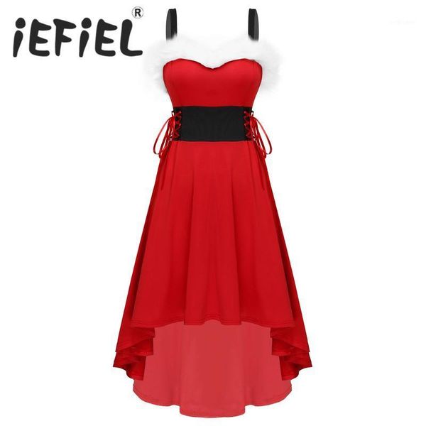 

women christmas costume dress shoulder straps sleeveless white faux fur high waist bowknot pleated a-line clothes for party casual dresses, Black;gray