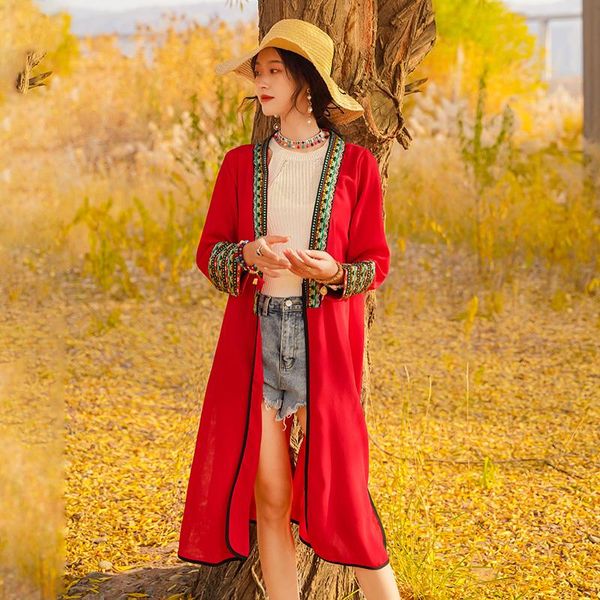 

summer red chiffon blouse cardigan design holiday beach embroidered long sleeves v-neck women's blouses & shirts, White
