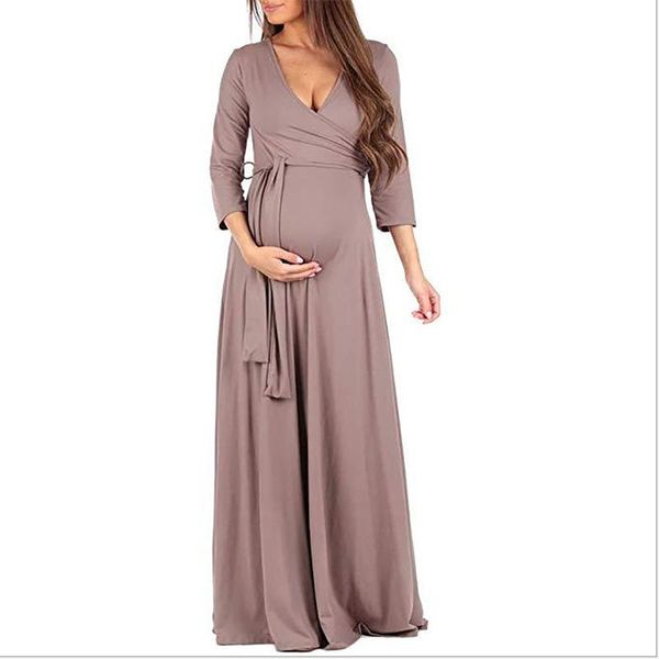 

maternity dresses deep v-neck women dress fall winter ankle length pregnancy gown maxi outfit clothes soft fabric, White