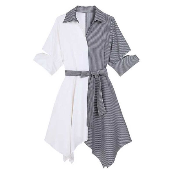 

perhaps u korean asymmetrical patchwork sash 3/4 sleeve strip sash turn down collar shirt dress summer elegant office lady d0329 210529, Black;gray