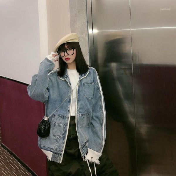 

women's jackets molly 2021 autumn splicing fringe light loose jacket denim fake two piece korean version coat1, Black;brown