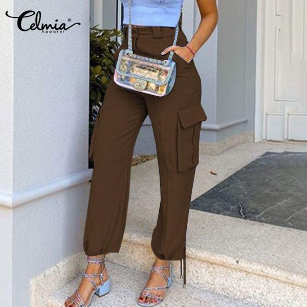 

s-5xl women loose work safari pant celmia fashion high waist casual solid pants drawstring pockets trousers pantalon streetwear women's, Black;white