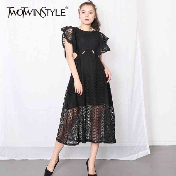 

twotwinstyle hollow out dress for women o neck short sleeve high waist loose mid casual a line dresses female spring 210517, Black;gray