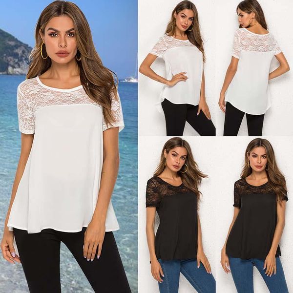 

blouse women shirts summer casual short sleeve lace patchwork shirt tunique femme blouses women's &, White