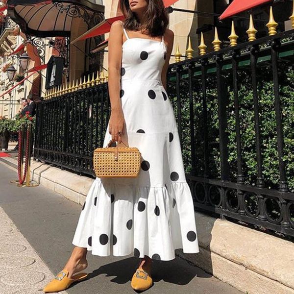 

women vintage off shoulder sleeveless boho long dress new polka dot print strap party dress summer beach sundress ruffle dresses 210422, Black;gray