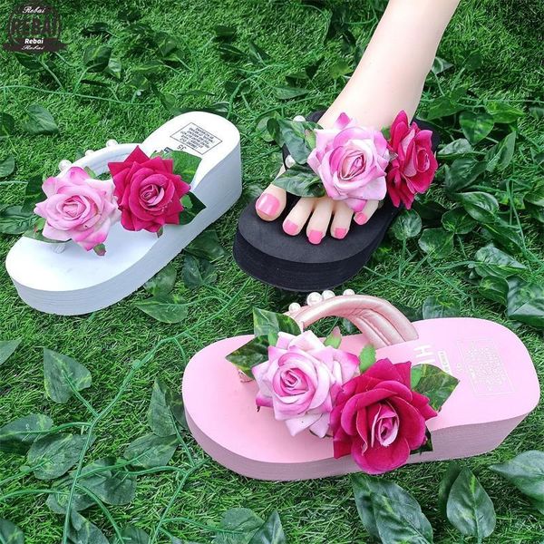 

slippers flip flops woman sandals summer platform rhinestone shoes women wedge slipper beach, Black