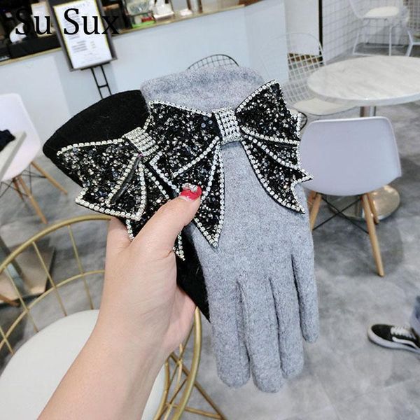

winter gloves women 2020 touch screen finger gloves fashion glitter sequins big bow female keep warm high quality, Blue;gray