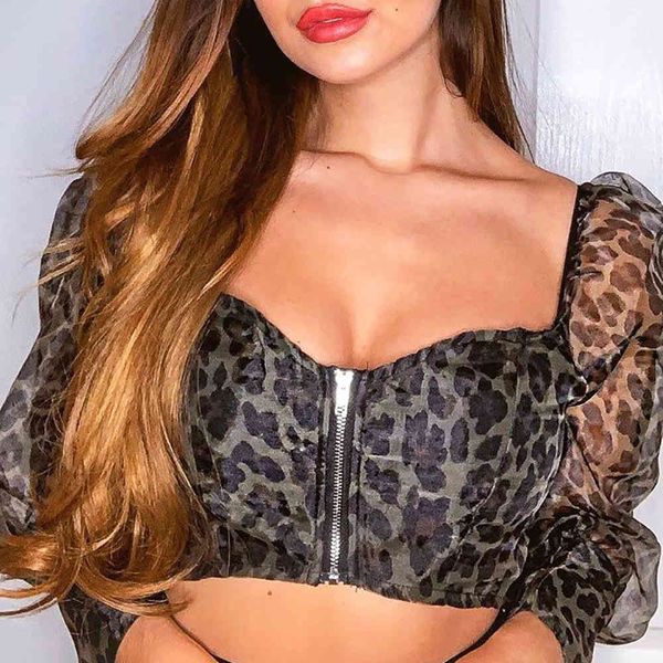 

leopard printing women t shirts zipper mesh three quarter long sleeves v neck fashion girls tees spring summer, White