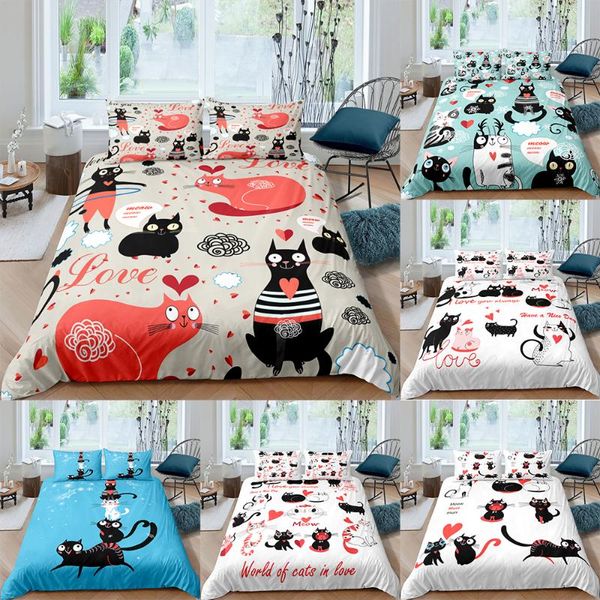 

bedding sets cats set cute duvet cover cartoon bedclothes blue white home textiles bedspread  king size for kids boys girls