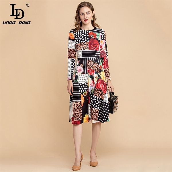 

summer o-neck fashion leopard polka dot floral print women vintage midi dress runway a line party vestidos 210522, Black;gray