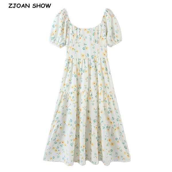 

sweet princess summer women swing dress vintage floral print cross lacing up back puff sleeve maxi long dresses 210429, Black;gray