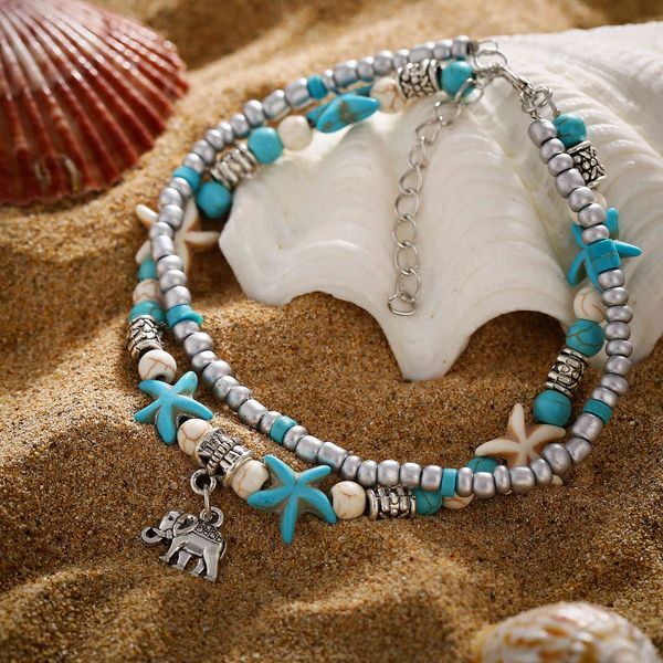 

fashion double anklet conch starfish rice bead yoga beach elephant pendant anklet bracelet, Red;blue