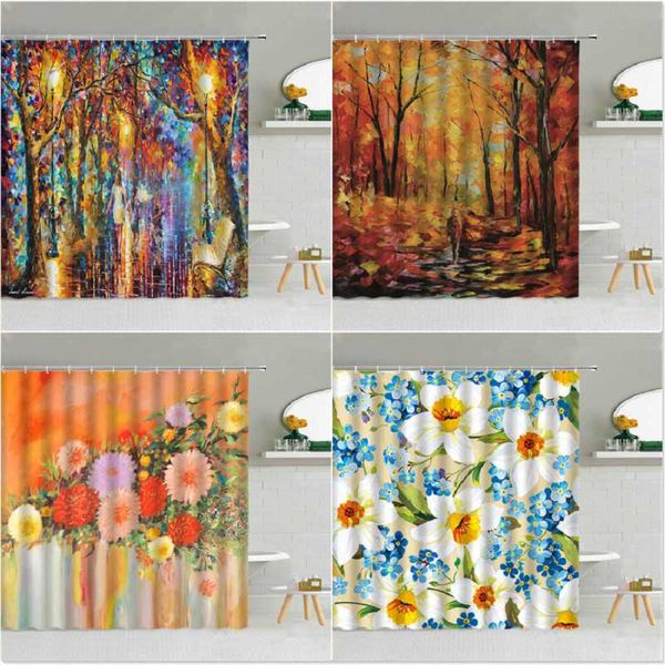 

water color tree flower sea grassland waterproof shower curtain polyester fabric bath screen with hook 3d printing curtains