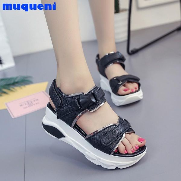 

sandals buckle leather women spring summer thick bottom shoes fashion casual high platform med heel wedges walk, Black