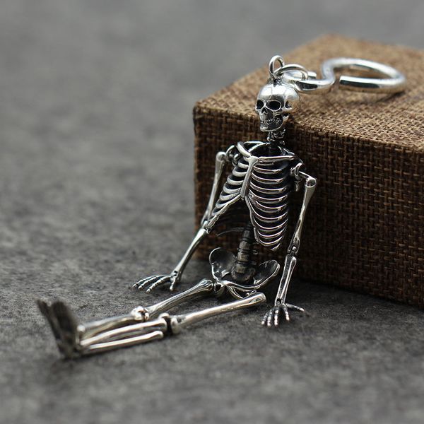 

personalized 925 sterling silver handmade skull skeleton key rings american european antique silver punk gothic luxury fashion accessories, Slivery;golden