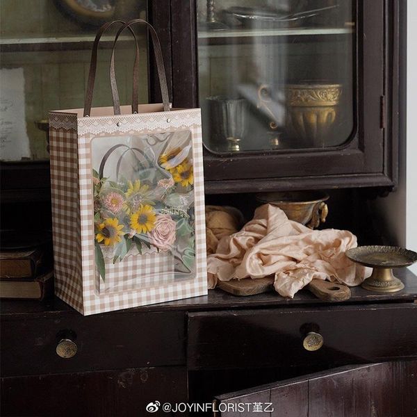 

window lattice stripe pvc transparent handbag flowers gift packaging 4pcs business shopping bags for boutique wedding wrap