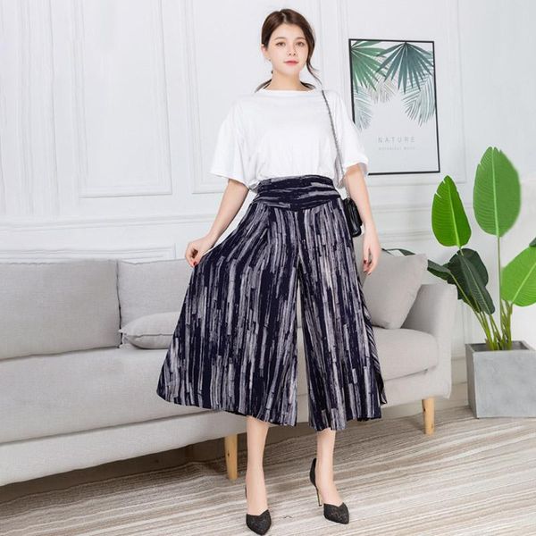 

women's pants & capris ladies high waist loose striped summer pant plus size split women calf-length casual elastic blue wide leg trous, Black;white
