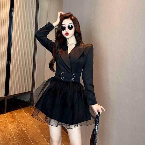 

notched collar slim mini suit dress women spring ol single breasted full sleeve dress + dismountable mesh short skirt 210514, Black;gray